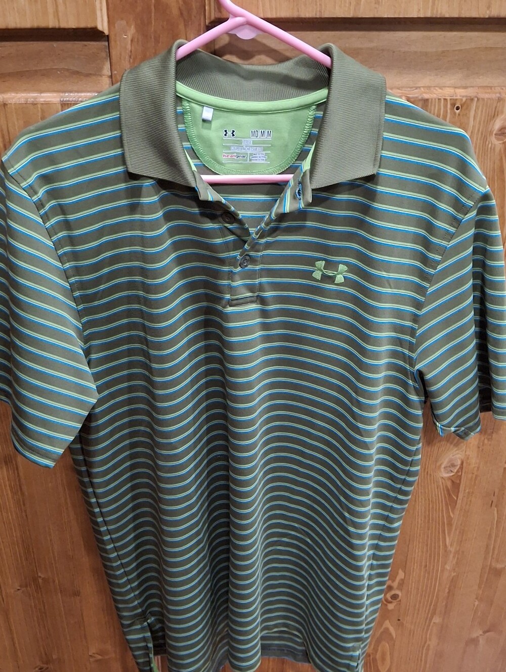 Under Armour Olive Green Polo with Blue and Lime Stripes Mens Size Medium